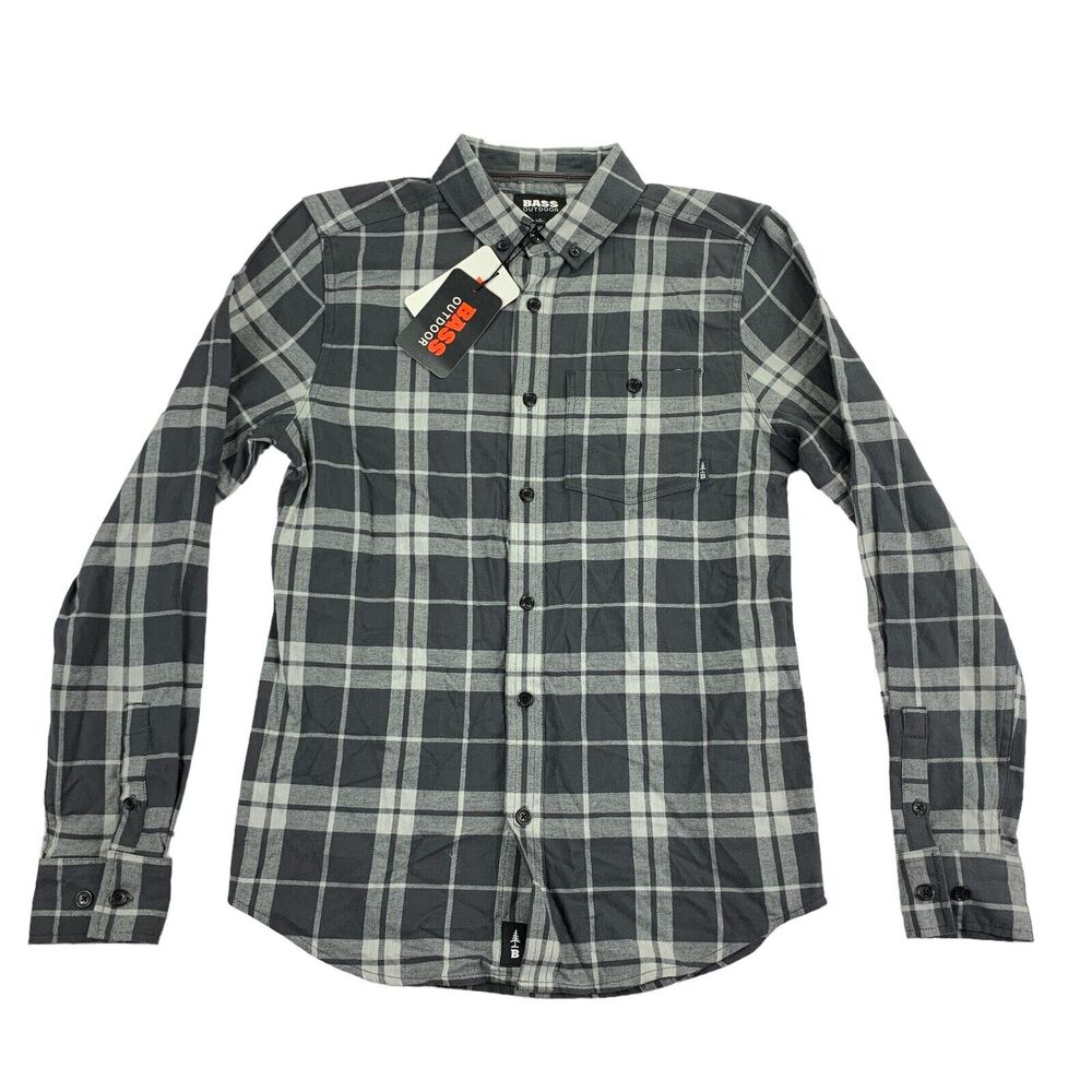 Bass Outdoor Mens Plaid Flannel Spruce Creek Stretch Button Down Shirt Gray S